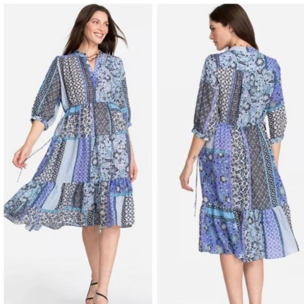 Johnny Was Workshop Marrakesh Drawstring Midi Dress Blue Print Patchwork Size XL